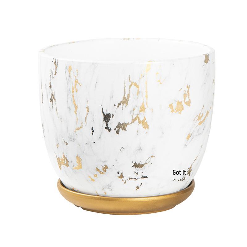 Marble Pattern Ceramic Flower Pot with Gold Tray - Nordic INS Style