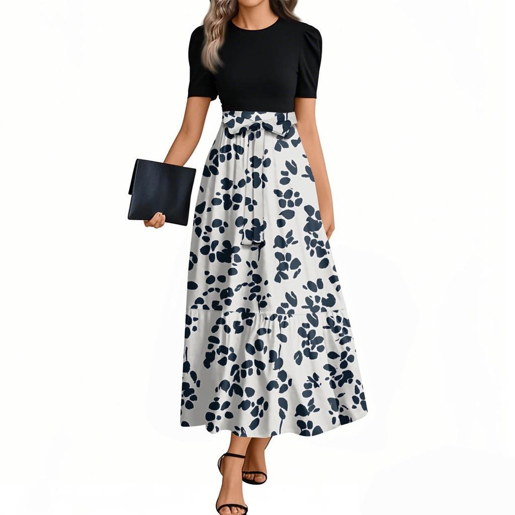 Women's Fashion Casual Belt Short Sleeve Round Neck Floral Stitching Elegant Temperament Dress
