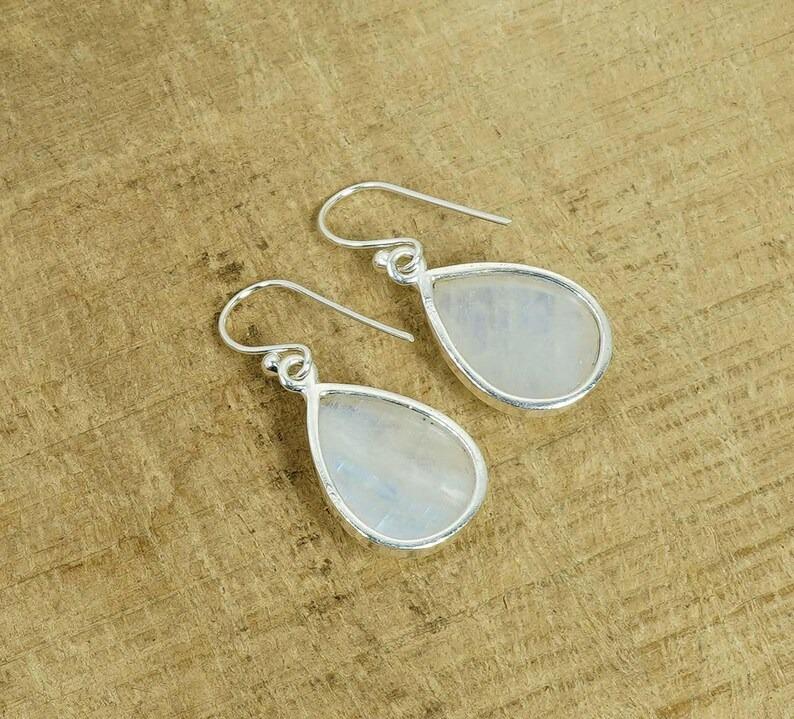 Solid 925 Sterling Silver Moonstone Gemstone Handmade Designer Earrings Pear Earrings