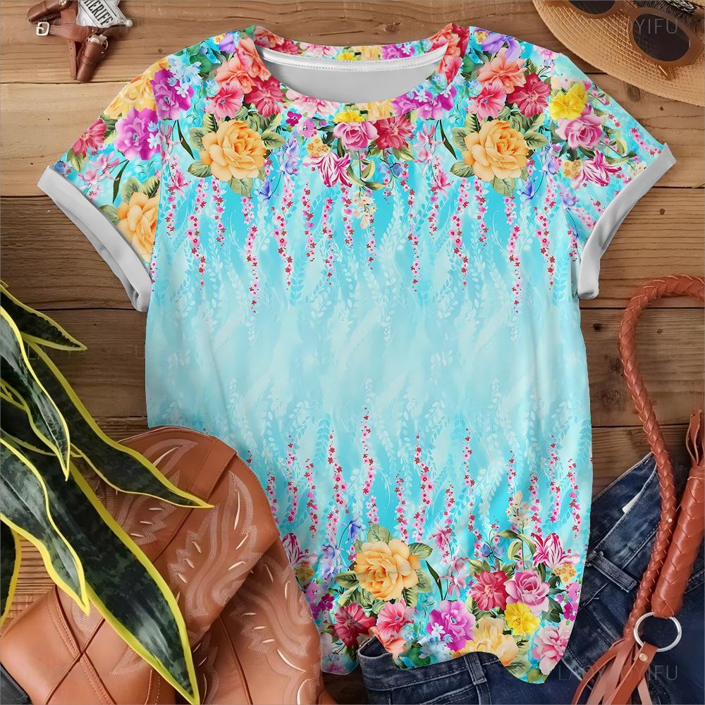 

Летняя женская футболка Живая и свежая Голубая с цветочным принтом Повседневная женская Универсальный топ с коротким рукавом 6XL