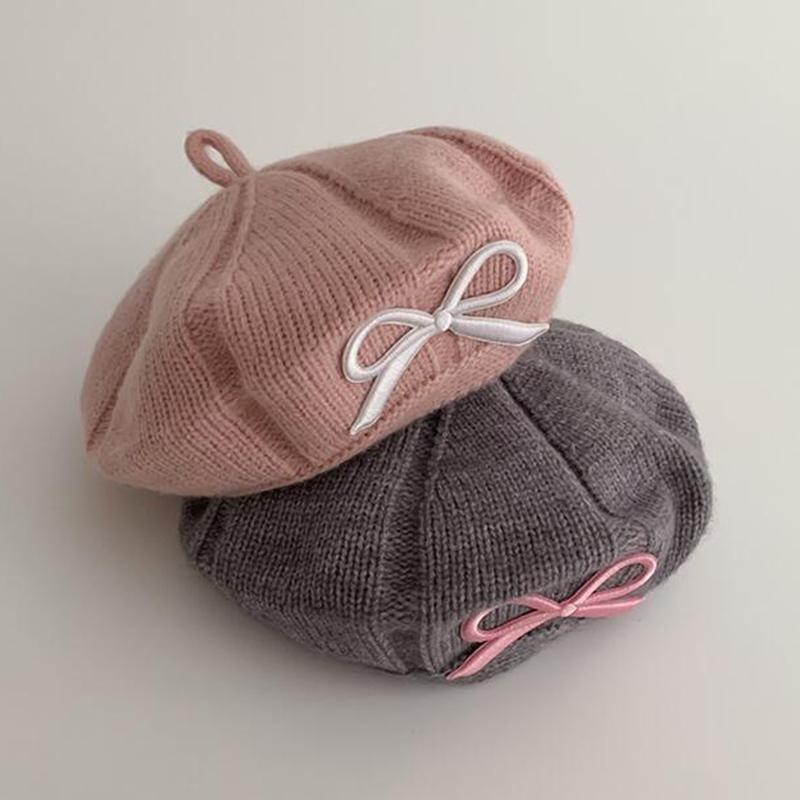 Girls Beret Embroidered Bow Baby Wool Knitted Hat Cute Children Winter Warm Baby Cap