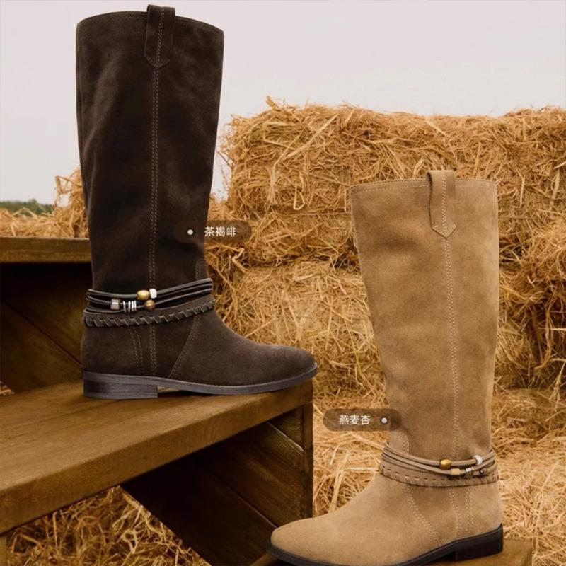 Cowhide Actress Suede Pastoral Boots Women's Boots Long Boots Pleated Pile Knight Boots
