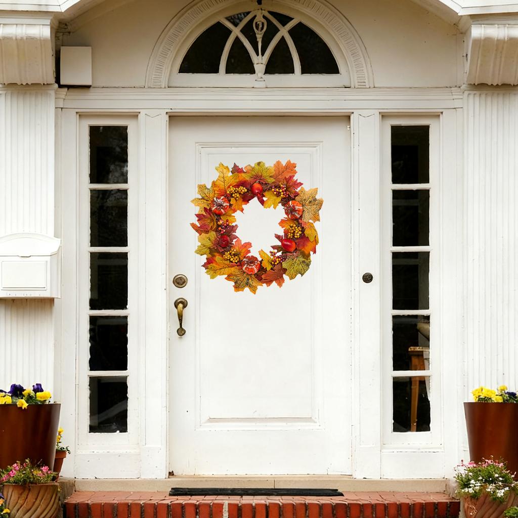 14 Inch Fall Wreath Fall Decoration For Front Doors With Maple Leaves, Pumpkins And Berries Hanging From Indoor And Outdoor Wall