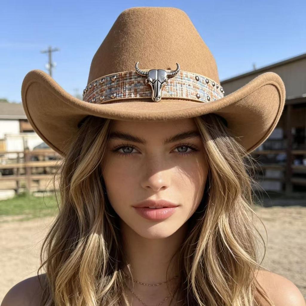 European, American Woolen Western Cowboy Hat with Rolled Brim and Warped Edge Sunscreen Top Hat Cow Head Belt Minority Tibetan Jazz Hat