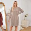 Women's Fall Winter Ribbed Knit Dress Casual Long Sleeve V Neck Mini Dress Loose Pullover Sweater Dress with Pockets