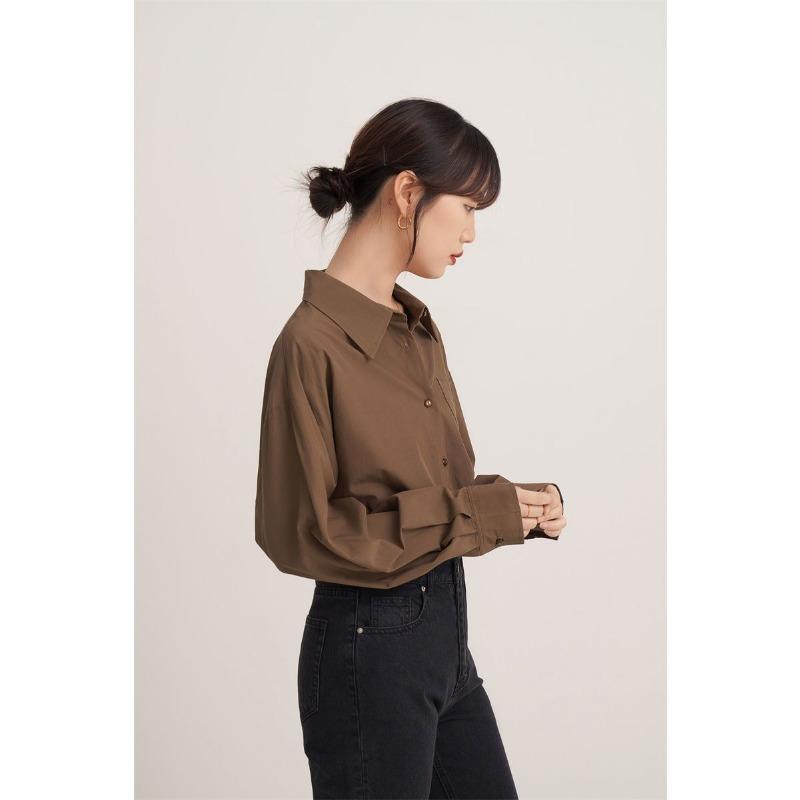 Camisa Feminina Estilo Francês Primavera Outono Nova Marrom Manga Longa Moda Design Top Solto