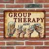 1PC Vintage Group Therapy Tin Sign, Funny Retro Bar Wall Art with Raised Glasses, Humorous Metal Plaque for Man Cave