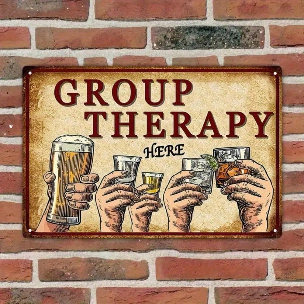 1PC Vintage Group Therapy Tin Sign, Funny Retro Bar Wall Art with Raised Glasses, Humorous Metal Plaque for Man Cave