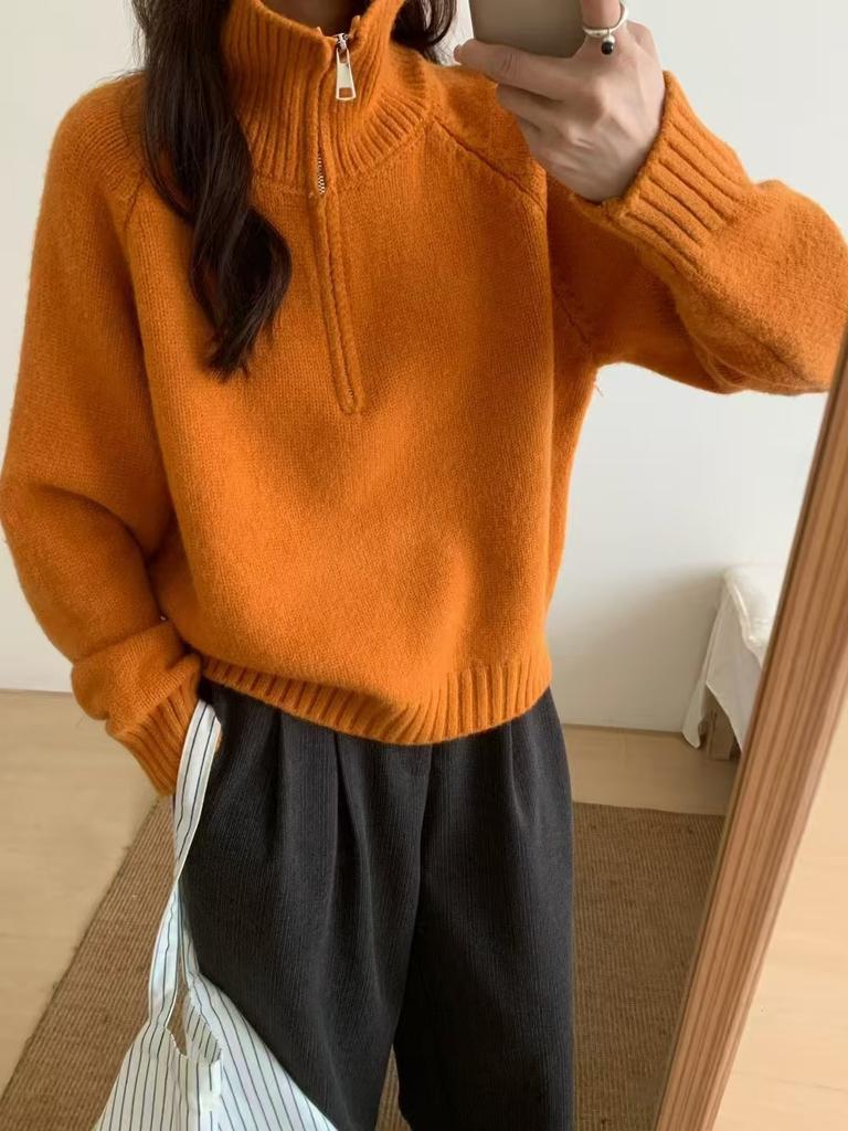 Half Zipper Lapel Knitted Pullover Sweater Women's Autumn and Winter High-end Sense New Lazy Soft Waxy Knitted Sweater Top