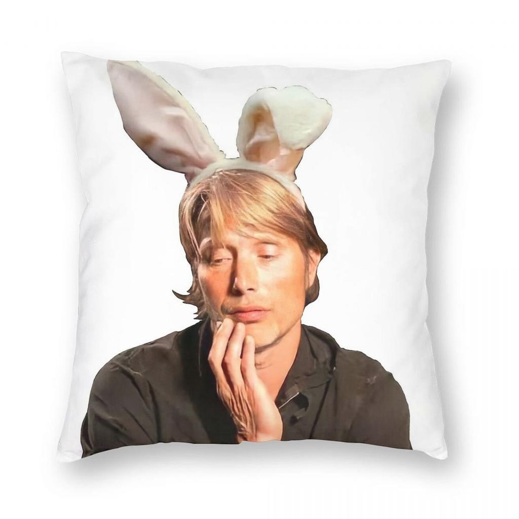 Mads Mikkelsen With Bunny Ears Square Pillowcase Polyester Linen Velvet Creative Zip Decor Home Cushion Cover Wholesale