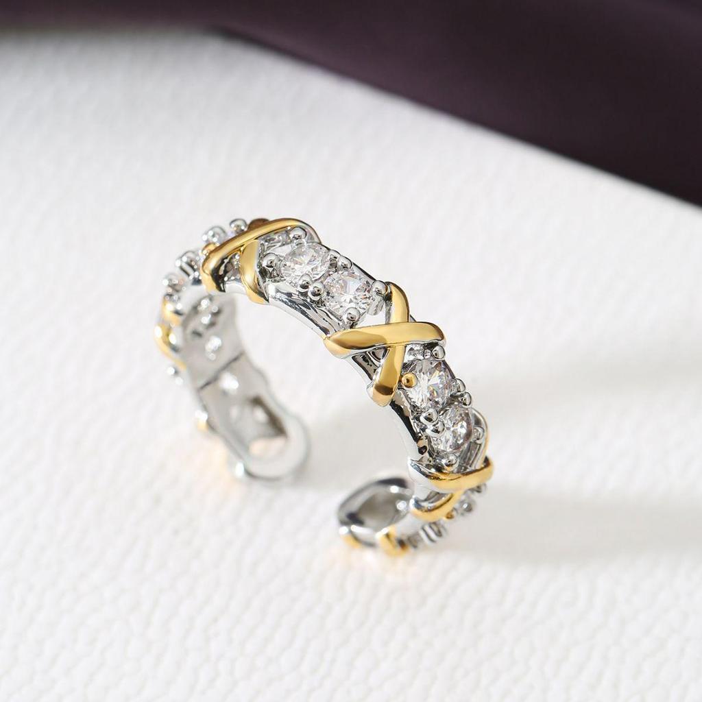 Unisex Two-Tone Diamond-Studded Adjustable Ring: High-End Fashion Jewelry