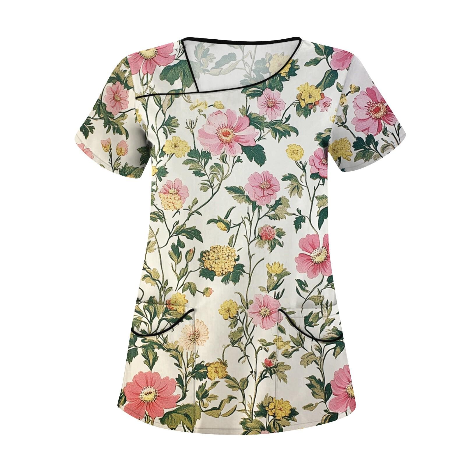 

Женская повседневная рабочая одежда с короткими рукавами и наклонным воротником с принтом и двойными карманами XXL розовый