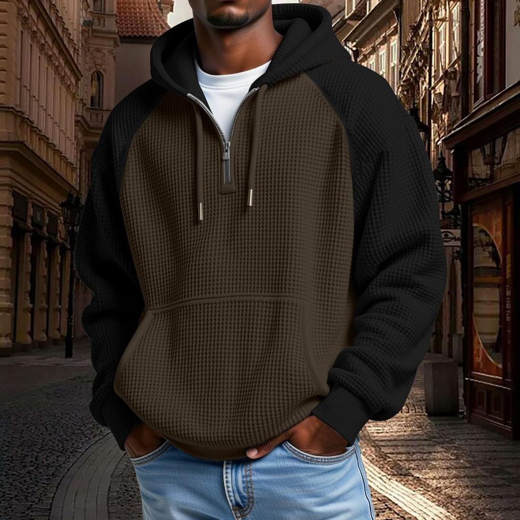 Mens Hoodies Pullover QuarterCasaul Long Sleeve Drawstring Knit Hooded Sweatshirt With Pocket