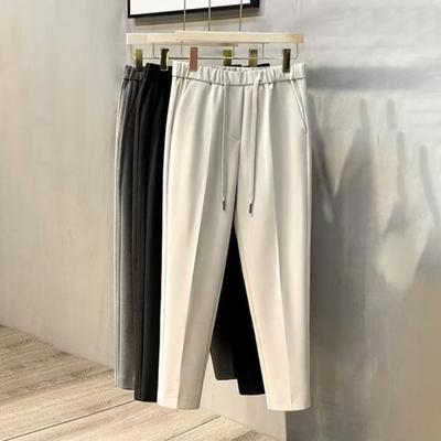 Men Suit Pants Drawstring Elastic Waist Straight Leg Solid Color Loose Formal Business Style Office Wear Trousers Ninth Pants