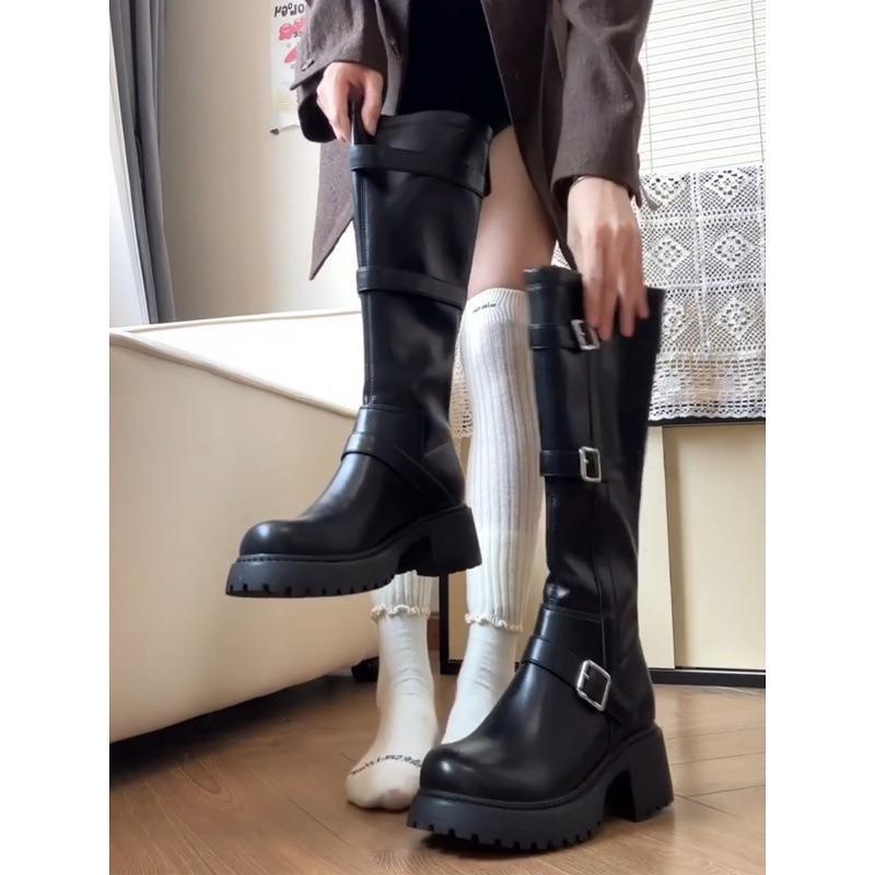 Cowhide version! Thick heel, thick sole, long tube, but knee, knight boots, belt buckle, thin and tall, small man, tall boots, women