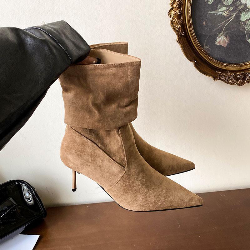 Fashion Elegant Women Ankle Boots With Thin Heels Shoes Pleated Fashion Pointed Toe Ladies Short Modern Boots Female Pumps Shoes lady