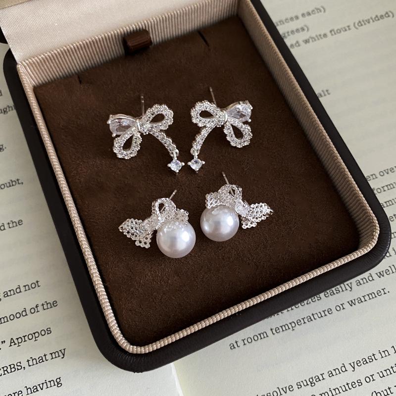 Elegant Zircon Bow & Pearl Stud Earrings - Silver Needle Style for Women