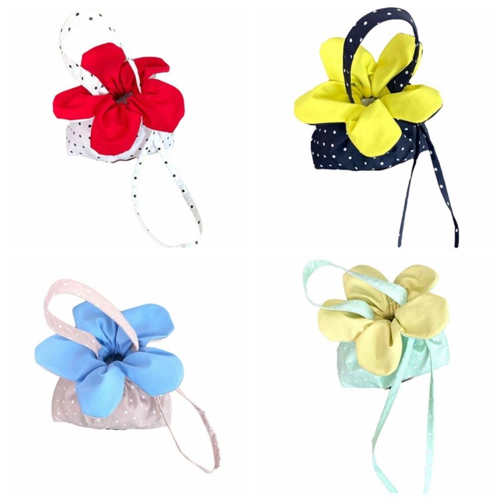 Bundle Pocket Canvas Shoulder Bag Polka Dot Flower Handbag Flower Drawstring Crossbody Bag  Travel
