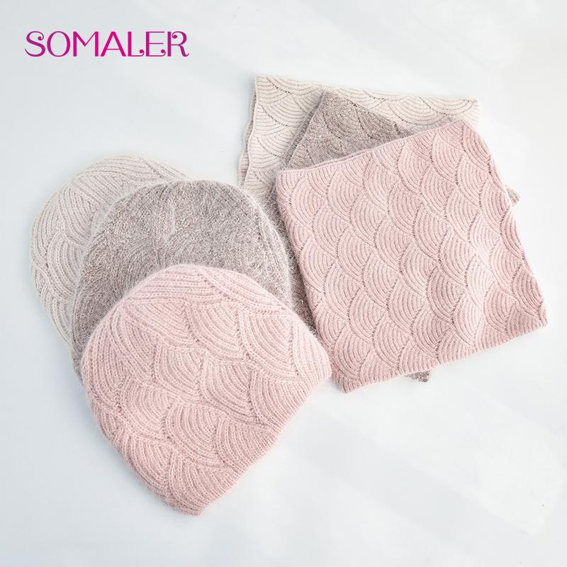 SOMALER Women's Winter Warm Fluffy Angora Hat Scarf Set Warm Angora Wool Knit Beanie  Neck Warmer 2 in 1 Gift Set