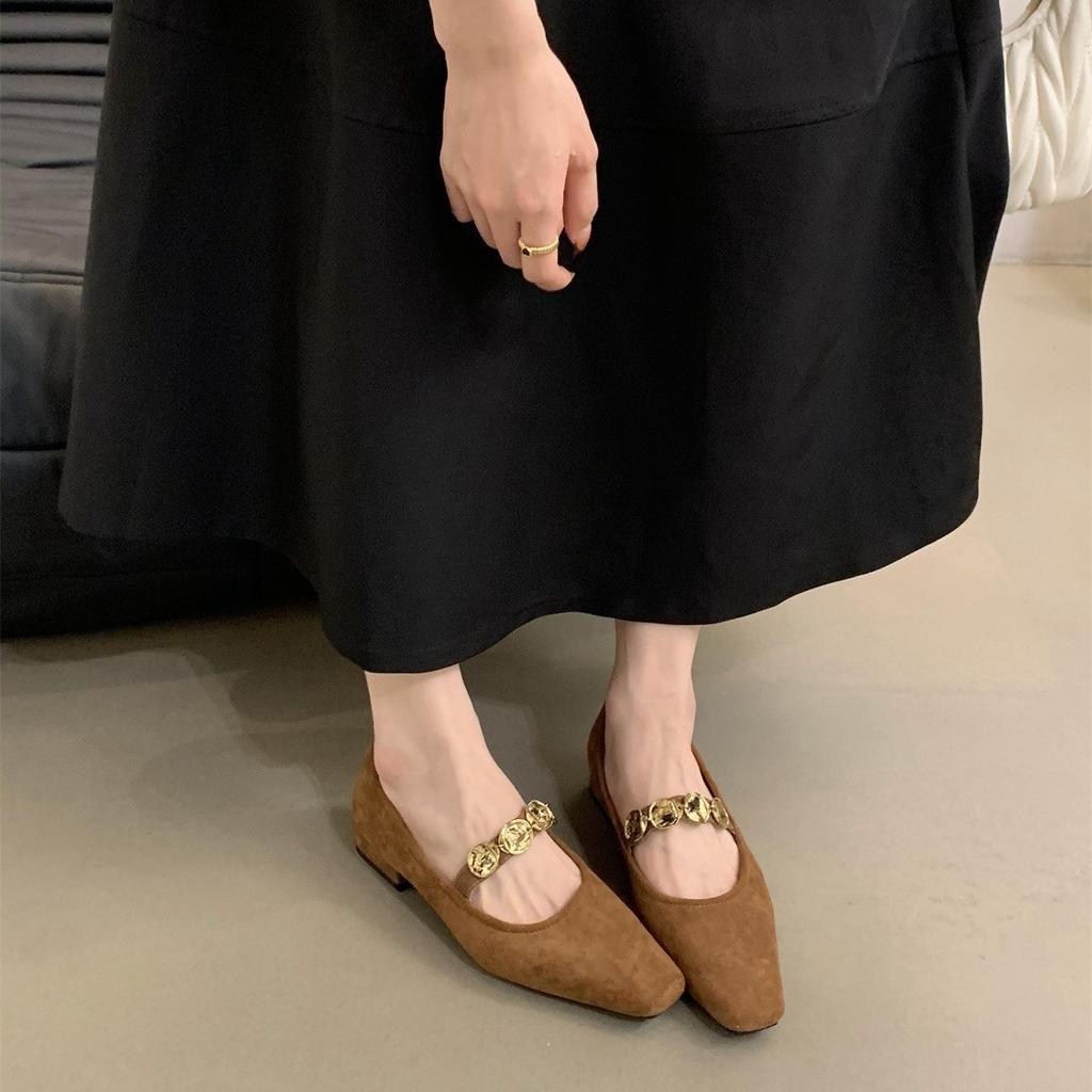 Celebrity Temperament Doudou Shoes Women'S One-Word Gold Buckle Small Leather Shoes Spring And Summer Dress Wear Mary Jane Single Shoes