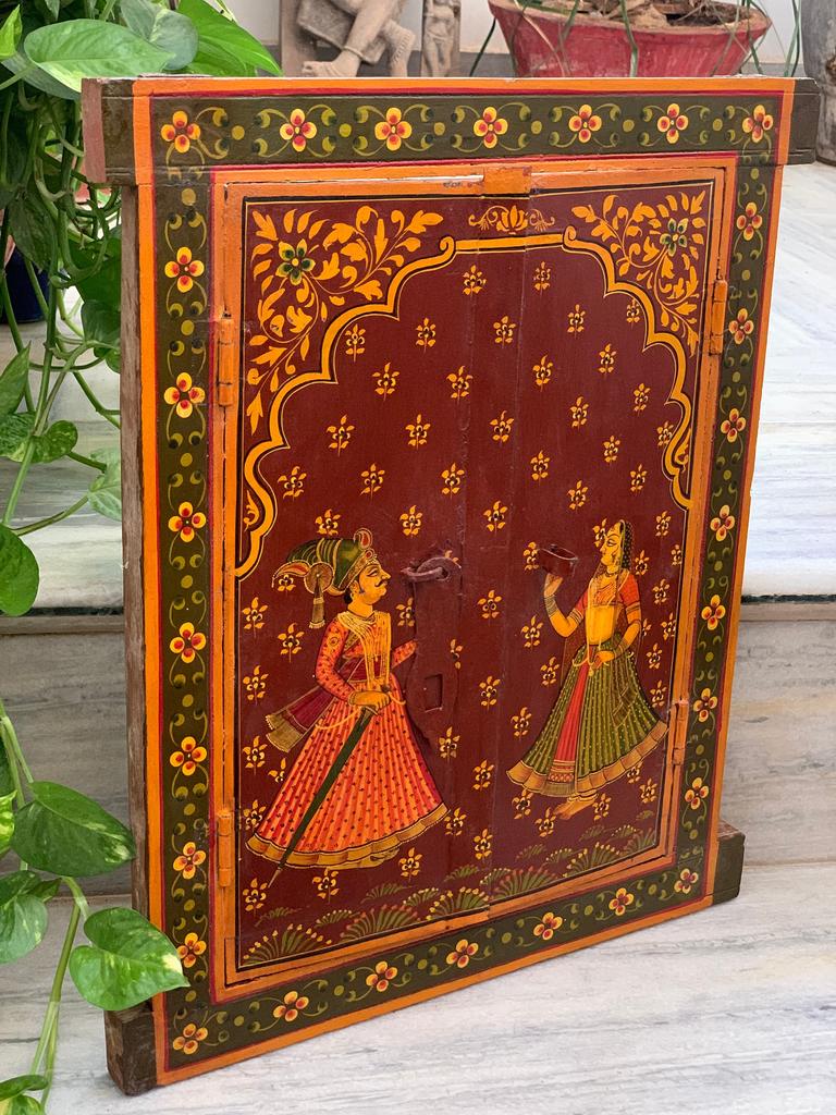 Handmade Antique Jharokha Window: Royal Couple Painting, Indian Festival Decor