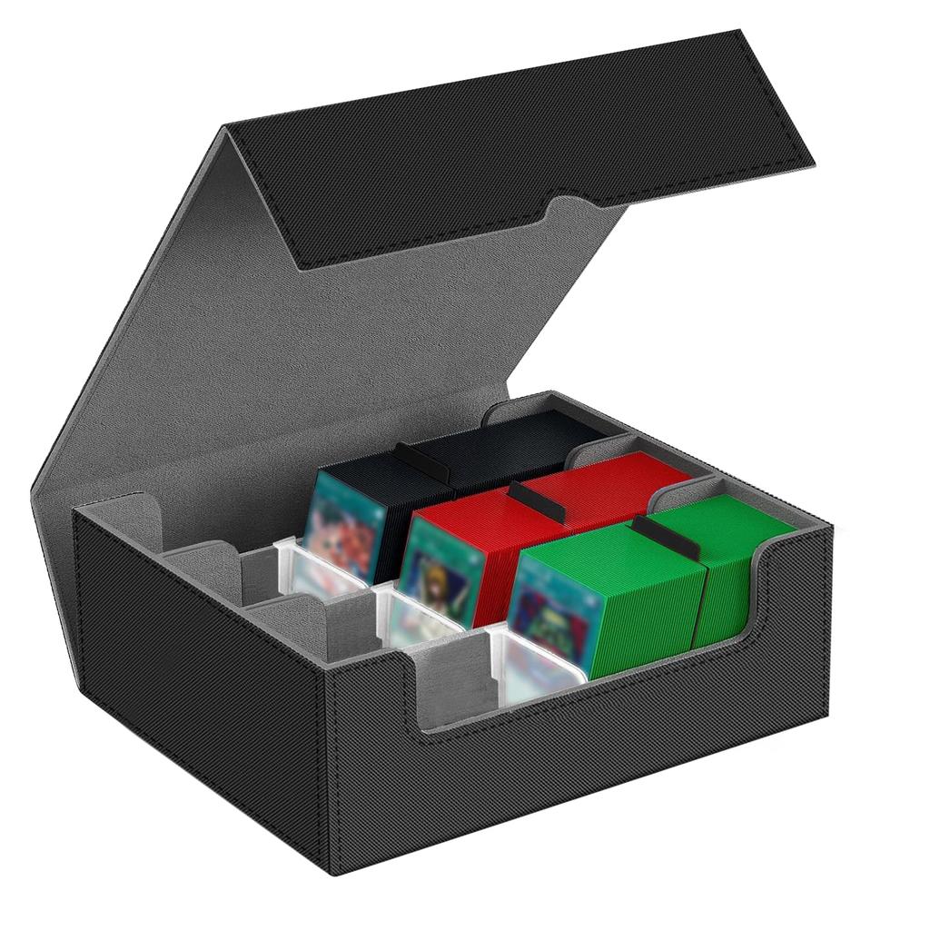 Deck Holds Over 1800 3 PU 8 Compartments Case, Cards, Columns, Built-in Magnets, Leather, (Black + Gray)