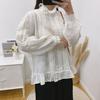 Vintage Linen Ruffle Collar Hollow Out Women Blouses Spring Autumn Loose Patchwork Lace Tie Women Shirts