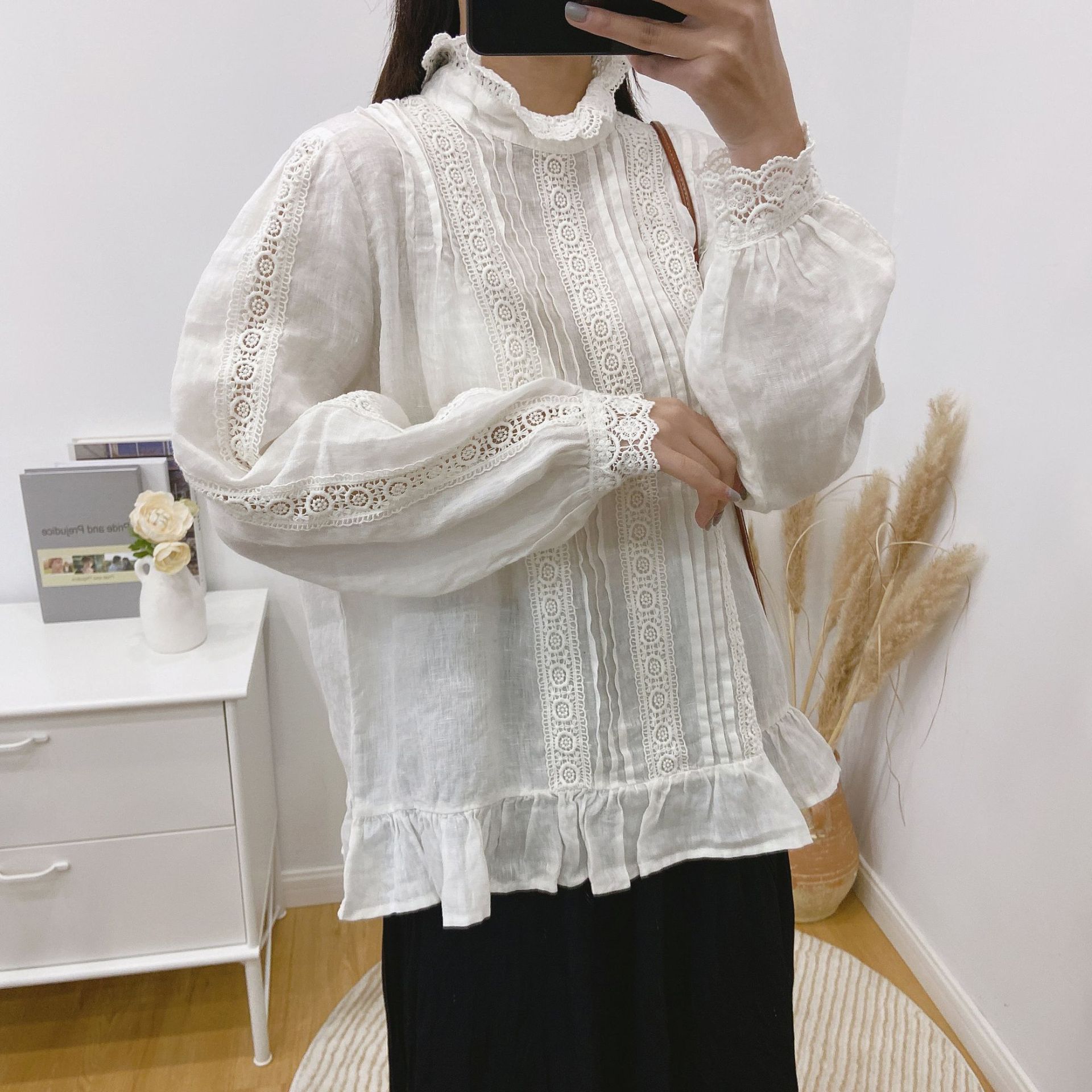 

Винтажные льняные женские блузки с рюшами и воротником, весенне-осенние свободные лоскутные женские рубашки с кружевным галстуком One Size белый