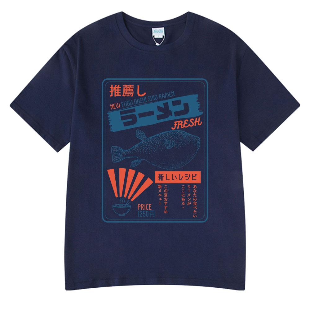 Vintage Fugu Puffer Fish Ramen T-Shirts Men Women Clothing Summer 100% Cotton Tee Shirt Fashion Crewneck Short Sleeve T Shirt