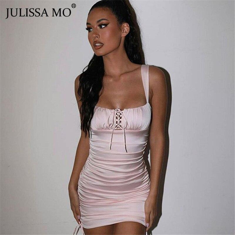 Buy JULISSA MO Satin Ruched Bodycon Dress Summer Sexy Backless Bandage  Women Mini Dresses Pink Sleeveless Straps Party Club Vestidos at affordable  prices  free shipping, real reviews with photos  Joom