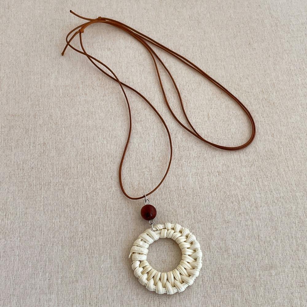 Bohemian Multi Layer Rattan Knit Hollow Water Drop Wood Bead Flower Pendant Necklace For Women Adjustable Rope Chain
