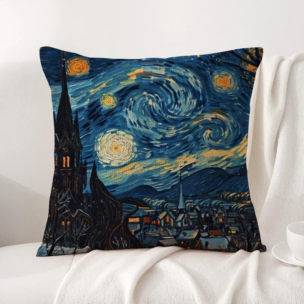 Color Van Goghs Starry Night Cushion Cover Natural Linen Organic Fabric DoubleSided Printing Sofa Home Decor Breathable
