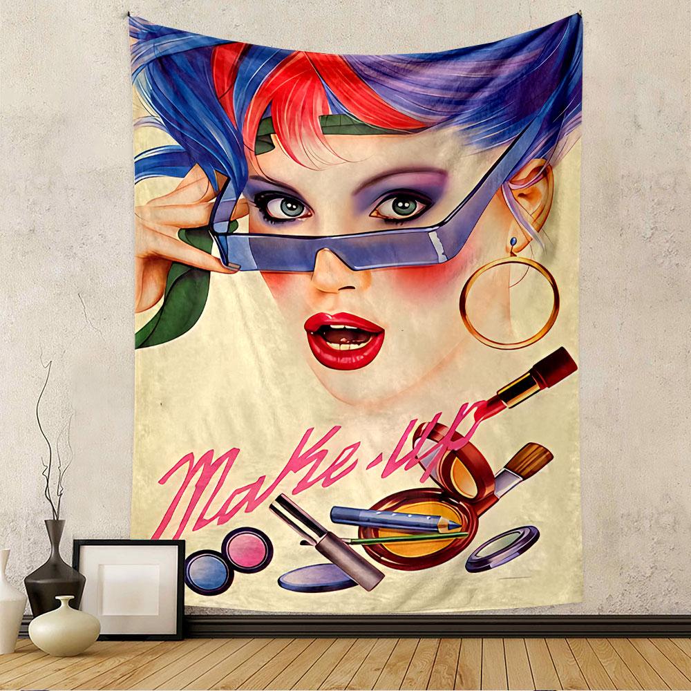 A vibrant portrait of a stylized woman with makeup tools and bold text. Patterned tapestry for bedroom and living room home decor
