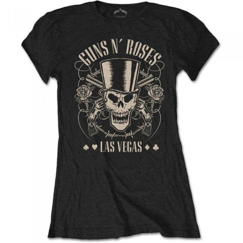 Guns N Roses Womens_Ladies Top Hat, Skull & Pistols Las Vegas T-Shirt