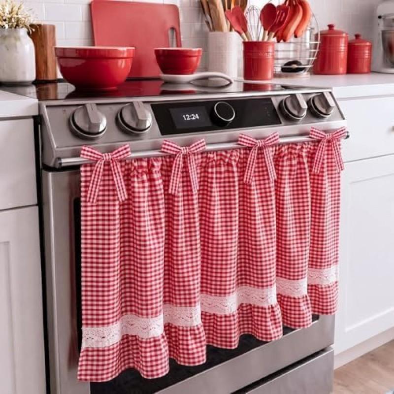 Cotton Blend Gingham Oven Curtain With Ruffled Lace Trim Farmhouse Kitchen Decor 75x55cm