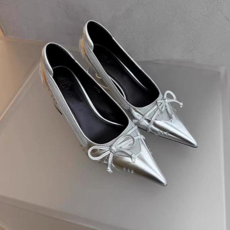 Fashion New Pointed Irregular Suspended Heel Shallow Mouth Single Shoe Butterfly Bow Mesh High Heels Temperament Imperial Style Tacones