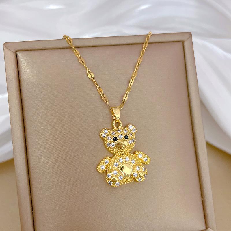 Full Diamond Three-Dimensional Bear Light Luxury Temperament Gorgeous Full Diamond Necklace Female Versatile Collarbone Chain Titanium Steel Chain