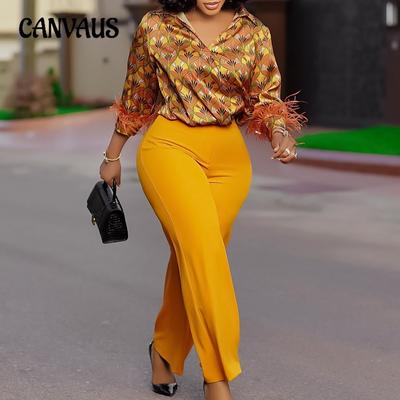 Camisa Estampada de Manga Larga Talla Grande para Mujer Pantalones de Pierna Ancha Elegantes Traje de Moda