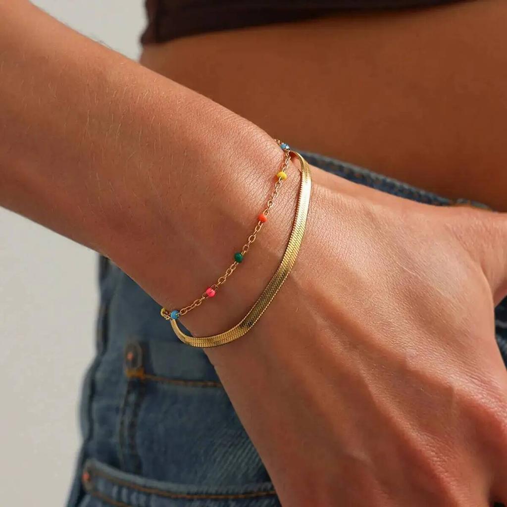 Salircon 2026 Boho Gold Color Stainless Steel Snake Chain Bracelet Trendy Stackable Colorful Beaded Bangle Waterproof Jewelry