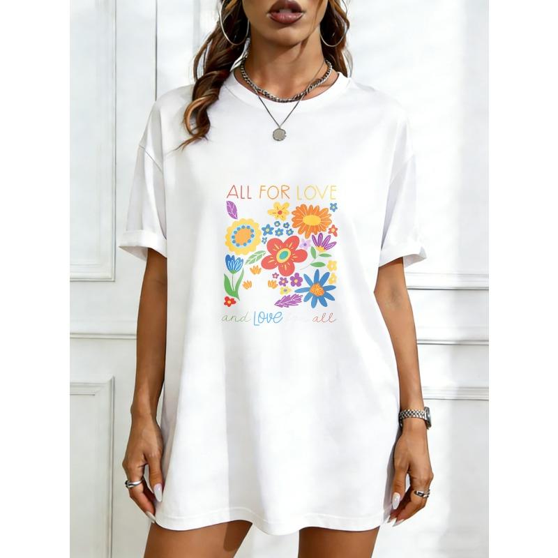 

Black Oversized T Shirt With Colorful Floral Print And All For Love Text For Casual Wear XXXXL білий