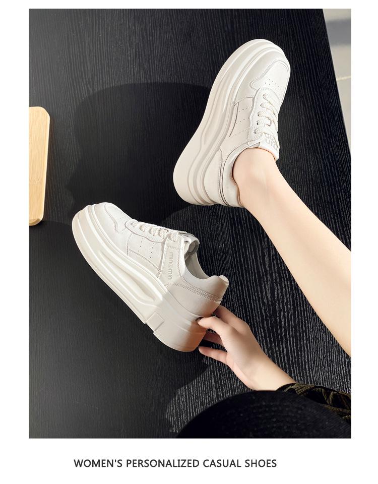 Women's Trendy White Genuine Leather Platform Sneakers - 2025 Spring/Autumn - Height-Enhancing, Thick-Soled, Lace-Up, Street-Style