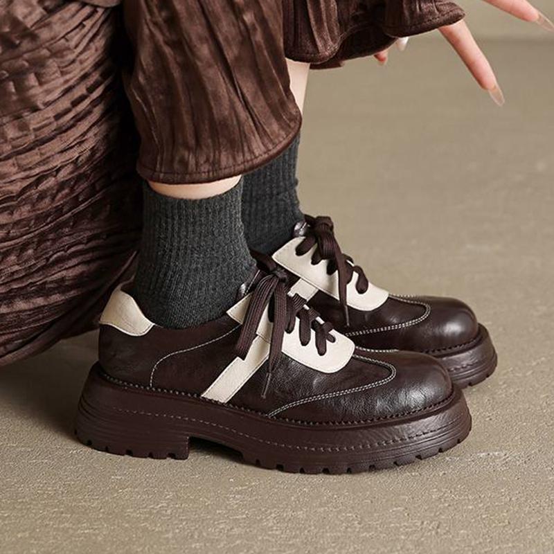 Krazing Pot Sheepskin Round Toe Med Heels Slip on Spring Autumn Shoes Big Size 41 Lace Up Mixed Color Oxford Women Pumps