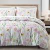Garden Style Floral Duvet Cover Queen Size, Green Branches Flower Leaf Print Bedding Set Reversible Purple Bedding Collection