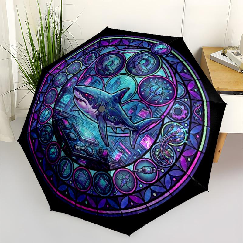 Cybernetic Shark Mandala pattern umbrella, portable and foldable design, 8 ribs, a casual accessory for Halloween, Christmas, and birthday gifts.