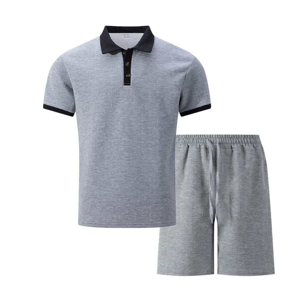 European Men's Spring Jacquard Polo & Shorts Set - Color Block Short Sleeve