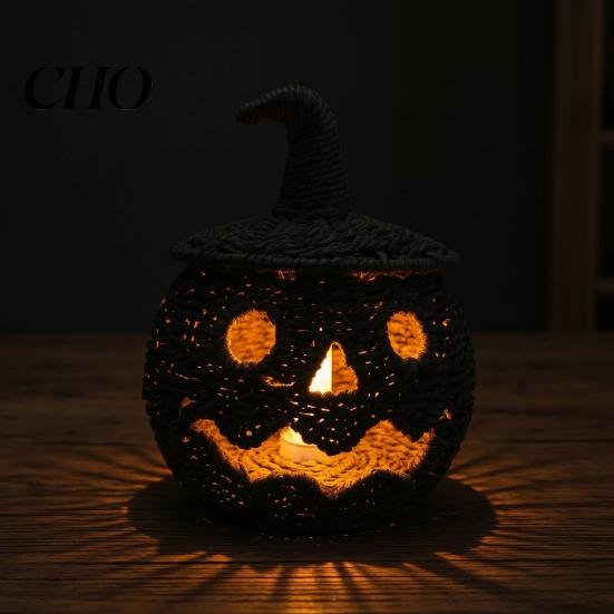 Cesta de Calabaza Tejida a Mano Cesta de Halloween Tejida a Mano, Almacenamiento Espeluznante de Caramelos con Tapa, Decoración de Sombrero de Bruja de Mimbre Vintage Linterna Iluminada Vela LED