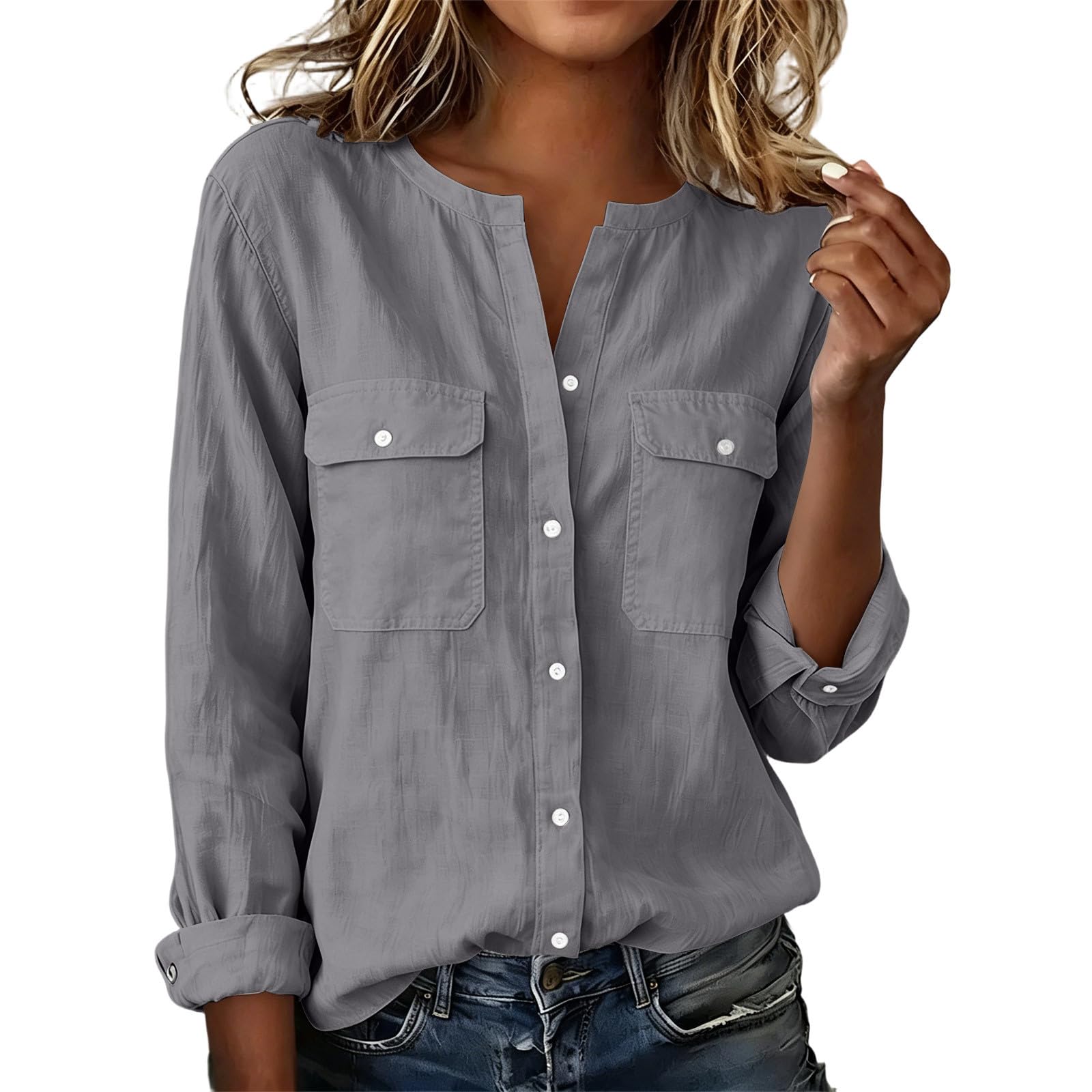 Women s Long Sleeve Button Down Shirt with Front Pocket for Casual Wear XL