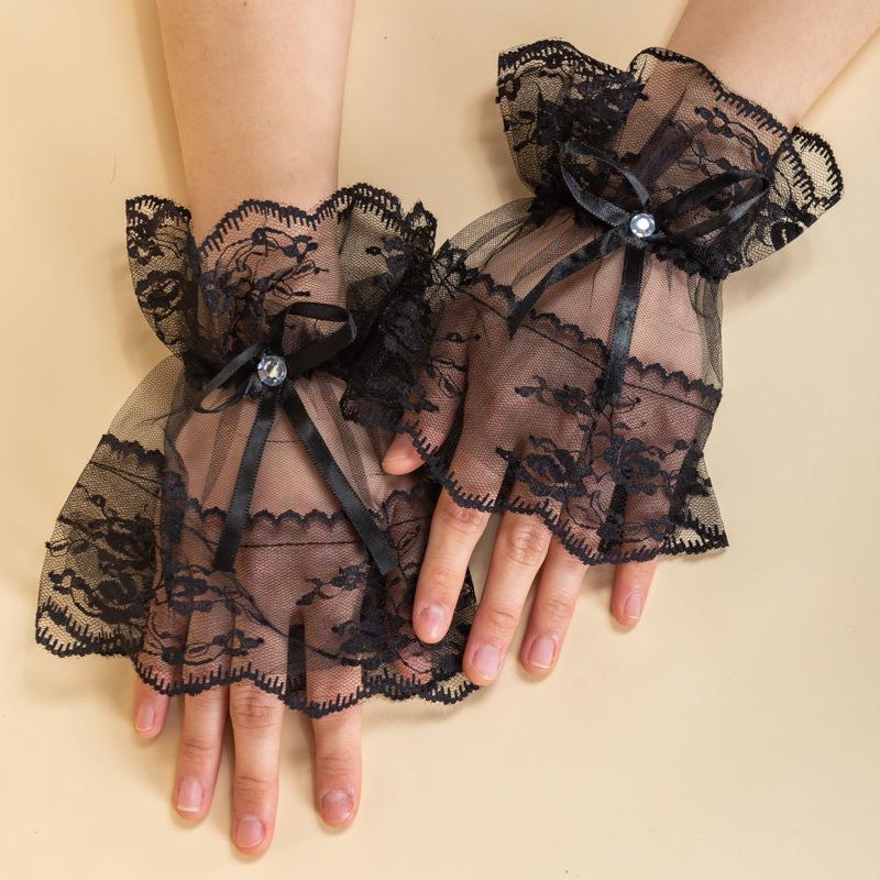 Sexy Lace Bride Wedding Wrist Cuffs Short Mesh Bowknot Fingerless Gloves Elastic Hand Sleeves Prom Accessories For Women