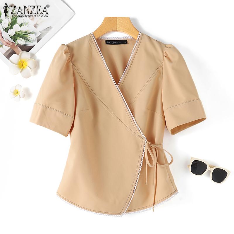 

ZANZEA Женская летняя повседневная блузка с v-образным вырезом и короткими рукавами на шнуровке, топы