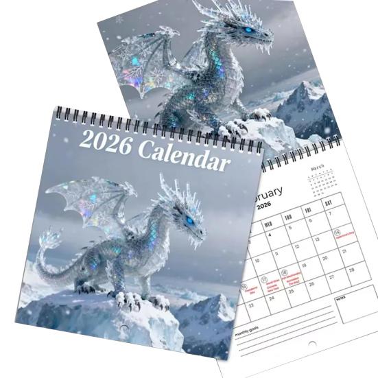 2026 Drachen-Fantasy-Wandkalender Monatsplaner mit 12 detaillierten Drachenillustrationen Spiralbindung Aufhängeloch Heim-Büro-Dekor Geschenk für Drachen